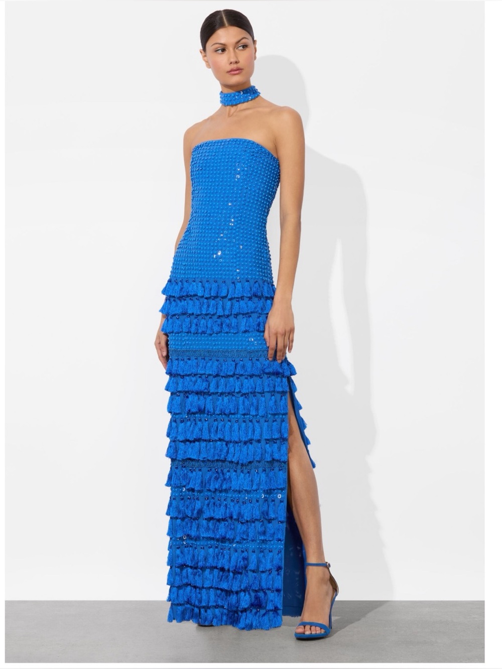 Alice + Olivia Georgie Blue Embellished Tassel Gown